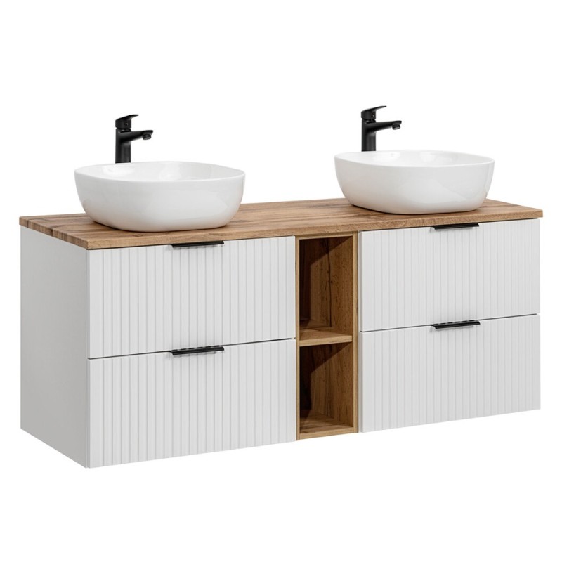 Set mobilier baie Adel White, MDF, PAL melaminat, blat stejar wotan, L.140 cm, lavoare Smile 40, SET -ADW B 140 CM UN 6252 81-01 WOTAN