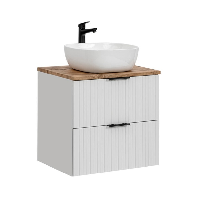 Set mobilier baie Adel White, MDF, PAL melaminat, alb mat, blat stejar wotan, L.60 cm, lavoar Smile 40, SET -ADW B 60 CM UN 6252