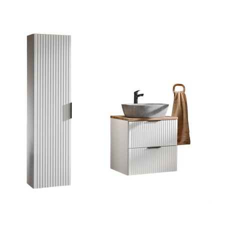 Set mobilier baie Adel White, MDF, PAL melaminat, blat stejar wotan, lavoar Anna gri, L.60 cm, dulap inalt H.140 cm si oglinda, SET -ADW B 60 CM UN ANNA MH1