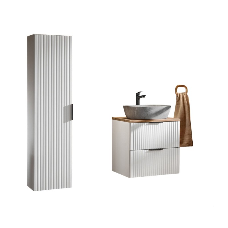 Set mobilier baie Adel White, MDF, PAL melaminat, blat stejar wotan, lavoar Anna gri, L.60 cm, dulap inalt H.140 cm si oglinda, SET -ADW B 60 CM UN ANNA MH1