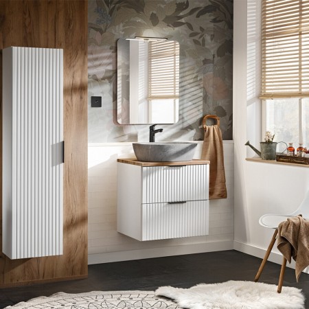 Set mobilier baie Adel White, MDF, PAL melaminat, blat stejar wotan, lavoar Anna gri, L.60 cm, dulap inalt H.140 cm si oglinda, SET -ADW B 60 CM UN ANNA MH1