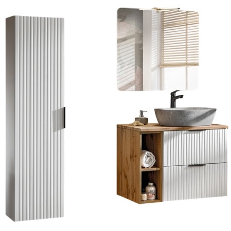 Set mobilier baie Adel White, MDF, PAL melaminat, blat stejar wotan, lavoar Anna gri, L.80 cm, dulap inalt H.140 cm si oglinda, SET -ADW B 80 CM ANNA 3 81-01 WOTAN