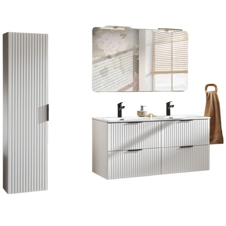 Set mobilier baie Adel White, MDF, PAL melaminat, lavoare Sky 120, L.120 cm, dulap inalt H.140 cm si oglinda, SET -ADW SKY 120 CM 1