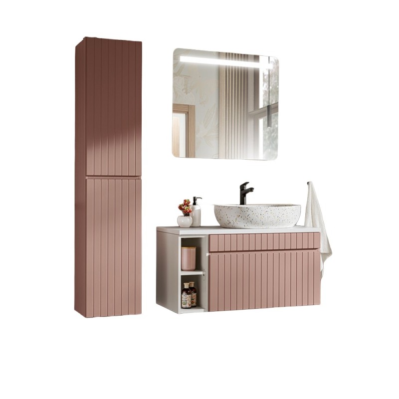 Set de mobilier baie Iconic Rose, MDF, folie PVC, roz antic, blat alb, L.100 cm, lavoar Lili, dulap inalt H.160 cm, oglinda LED, SET -ICR B 100 CM LILI-MW21 4 81-01 WHITE