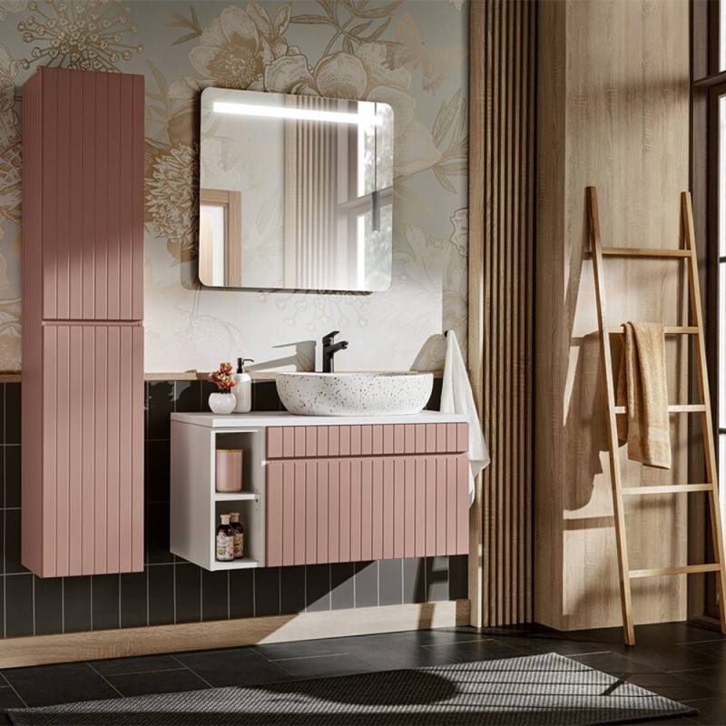 Set de mobilier baie Iconic Rose, MDF, folie PVC, roz antic, blat alb, L.100 cm, lavoar Lili, dulap inalt H.160 cm, oglinda LED, SET -ICR B 100 CM LILI-MW21 4 81-01 WHITE