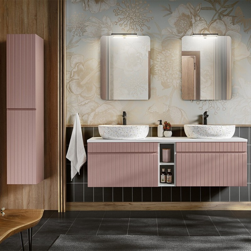 Set de mobilier baie Iconic Rose, MDF, folie PVC, roz antic, blat alb, L.180 cm, lavoare Lili, dulap inalt 160 cm, SET -ICR B 180 CM LILI-MW21 6 81-01 WHITE