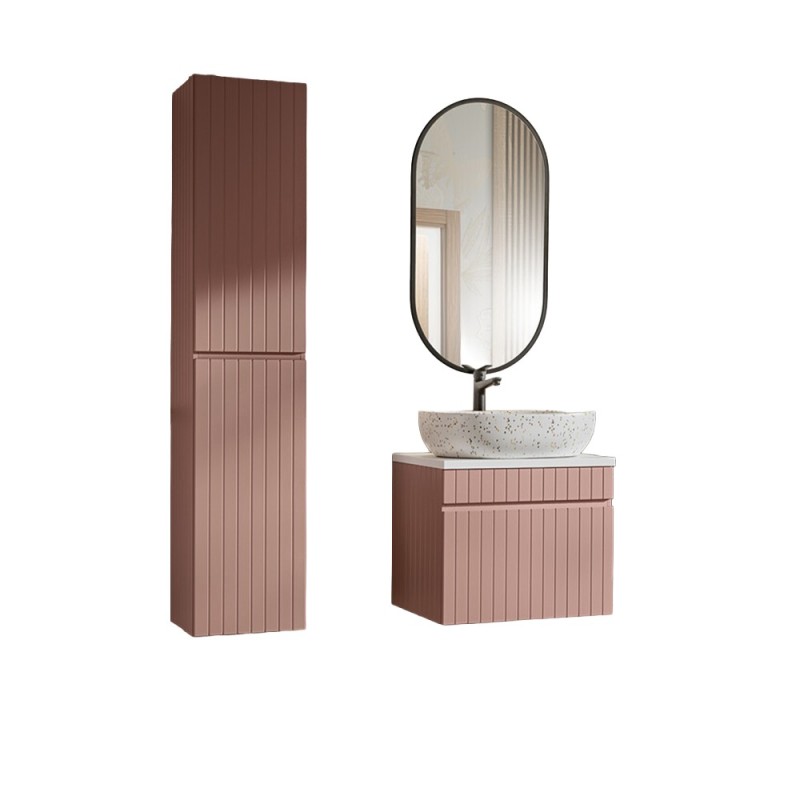 Set de mobilier baie Iconic Rose, MDF, folie PVC, roz antic, blat alb, L.60 cm, lavoar Lili, oglinda LED, dulap inalt H.160 cm, SET -ICR B 60 CM LILI-MW21 1