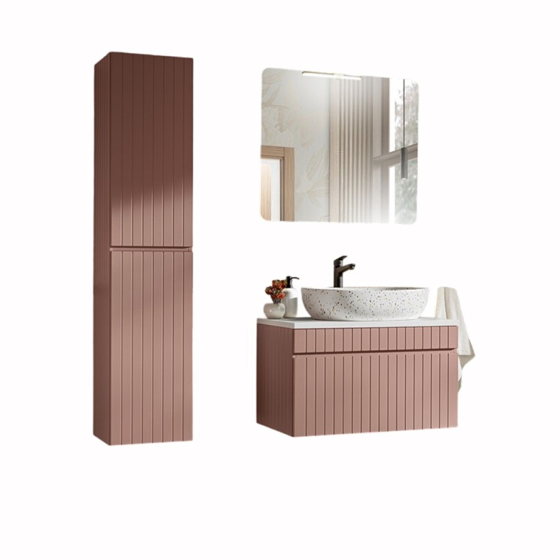Set de mobilier baie Iconic Rose, MDF, folie PVC, roz antic, blat alb, L.60 cm, lavoar Lili, oglinda, dulap inalt H.160 cm, SET -ICR B 80 CM LILI-MW21 3