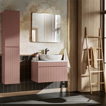 Set de mobilier baie Iconic Rose, MDF, folie PVC, roz antic, blat alb, L.60 cm, lavoar Lili, oglinda, dulap inalt H.160 cm, SET -ICR B 80 CM LILI-MW21 3