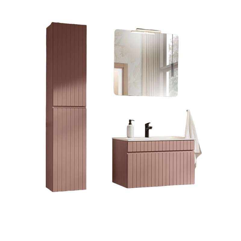 Set de mobilier baie Iconic Rose, MDF, folie PVC, roz antic, blat alb, L.60 cm, lavoar Sky, oglinda, dulap inalt H.160 cm, SET -ICR SKY 80 CM 2