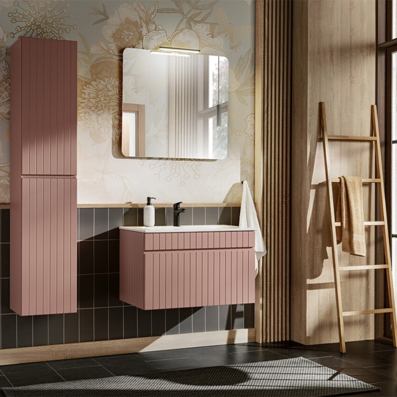 Set de mobilier baie Iconic Rose, MDF, folie PVC, roz antic, blat alb, L.60 cm, lavoar Sky, oglinda, dulap inalt H.160 cm, SET -ICR SKY 80 CM 2