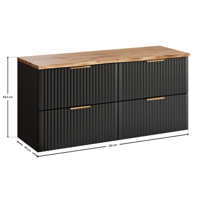 Set mobilier baie Adel Black, MDF, PAL melaminat, negru mat, blat natural wotan, L.120 cm, SET-ADB B NAT WOTAN 120CM