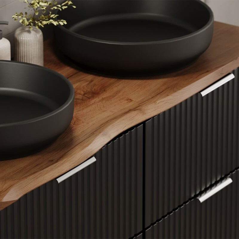 Set mobilier baie Adel Black, MDF, PAL melaminat, negru mat, blat stejar wotan, L.80 cm, SET-ADB B NAT WOTAN 80CM
