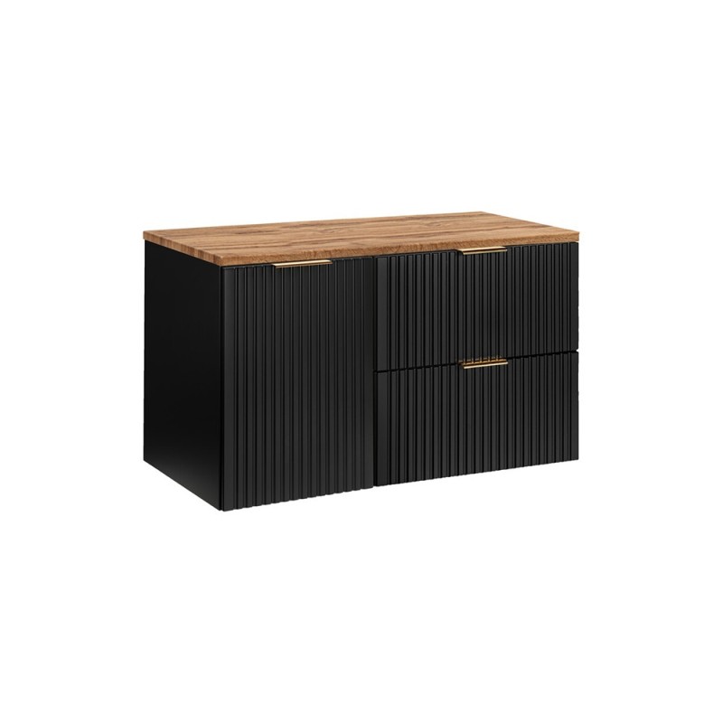 Set mobilier baie Adel Black, MDF, PAL melaminat, negru mat, blat stejar wotan, L.100 cm, SET-ADB B WOTAN 100CM LB