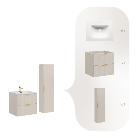 Set de mobilier de baie Adel Cashmere, MDF, PAL melaminat, blat cashmere mat, lavoar SKY ceramica, dulap înalt H.140 cm, SET-ADC 60CM SKY HIGH CABINET