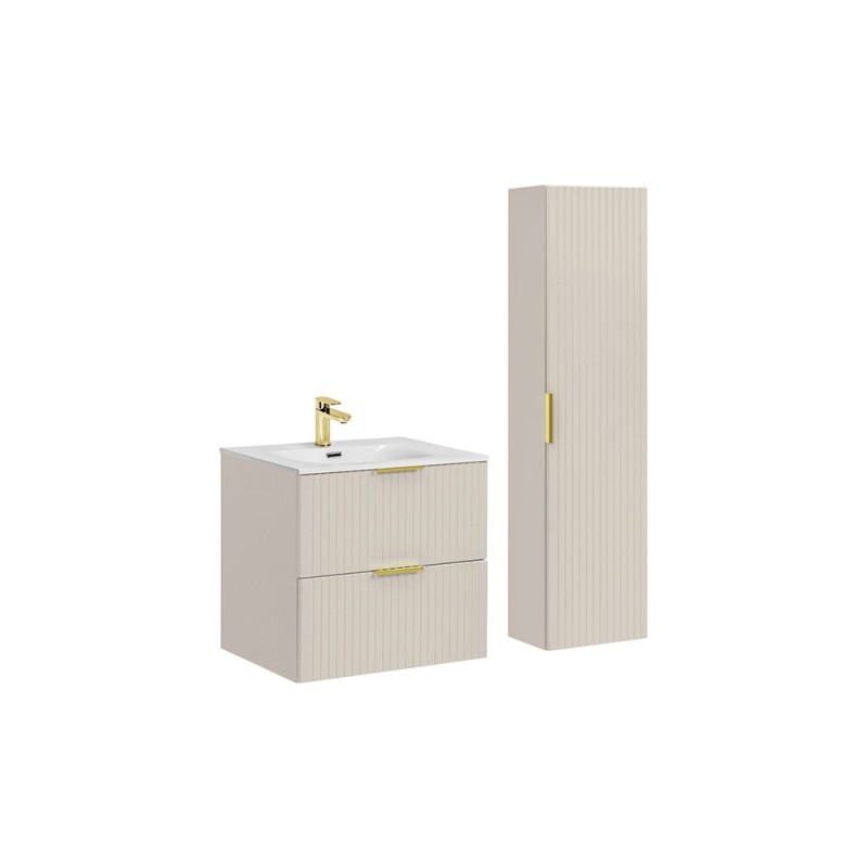 Set de mobilier de baie Adel Cashmere, MDF, PAL melaminat, blat cashmere mat, lavoar SKY ceramica, dulap înalt H.140 cm, SET-ADC 60CM SKY HIGH CABINET