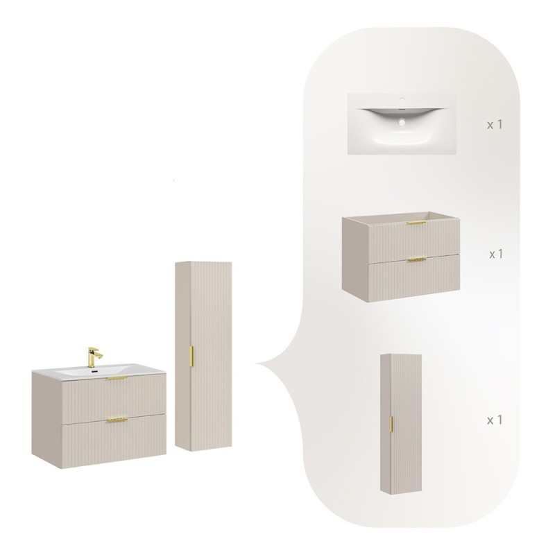 Set de mobilier de baie Adel Cashmere, MDF, PAL melaminat, cashmere mat, lavoar SKY 80, dulap înalt H.140 cm, SET-ADC 80CM SKY HIGH CABINET