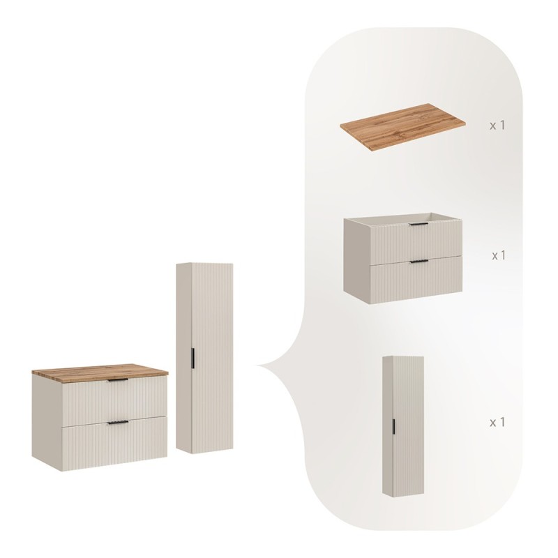 Set de mobilier de baie Adel Cashmere, MDF, PAL melaminat, blat stejar wotan, dulap înalt H.140 cm, SET-ADC B 80CM WOTAN HC