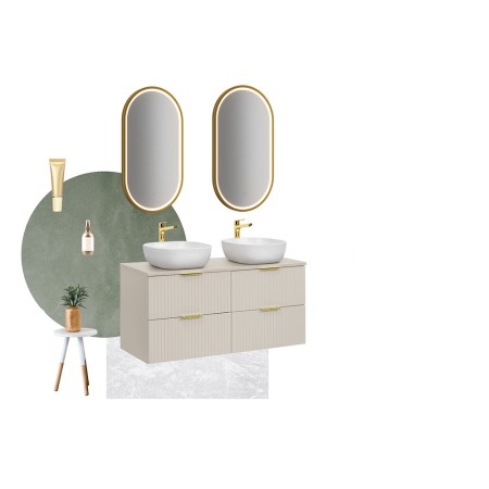 Set de mobilier de baie Adel Cashmere, MDF, Pal melaminat, blat cashmere mat, L.120 cm, 2 lavoare Smile 40 ceramica, SET-ADC B CASHMERE 120CM SMILE 40