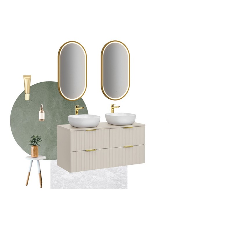 Set de mobilier de baie Adel Cashmere, MDF, Pal melaminat, blat cashmere mat, L.120 cm, 2 lavoare Smile 40 ceramica, SET-ADC B CASHMERE 120CM SMILE 40