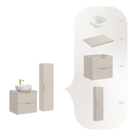 Set de mobilier de baie Adel Cashmere, MDF, PAL melaminat, blat cashmere mat, lavoar Smile ceramica, dulap înalt H.140 cm, SET-ADC B CASHMERE 60CM SMILE 40 HIGH CABINET