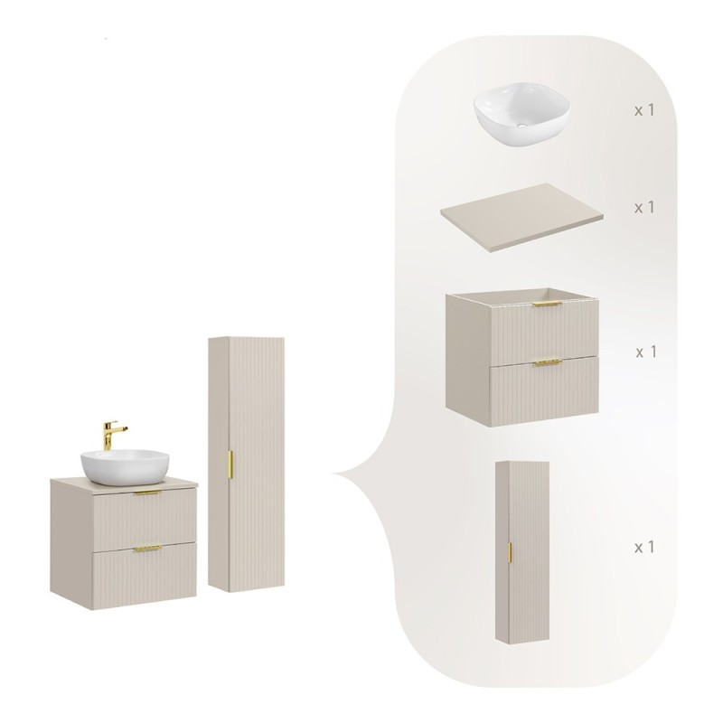 Set de mobilier de baie Adel Cashmere, MDF, PAL melaminat, blat cashmere mat, lavoar Smile ceramica, dulap înalt H.140 cm, SET-ADC B CASHMERE 60CM SMILE 40 HIGH CABINET