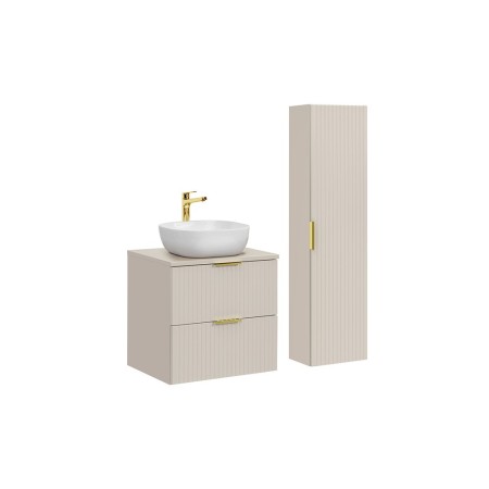 Set de mobilier de baie Adel Cashmere, MDF, PAL melaminat, blat cashmere mat, lavoar Smile ceramica, dulap înalt H.140 cm, SET-ADC B CASHMERE 60CM SMILE 40 HIGH CABINET