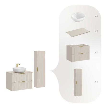 Set de mobilier de baie Adel Cashmere, MDF, PAL melaminat, blat cashmere mat, lavoar Smile 40, dulap înalt H.140 cm, SET-ADC B CASHMERE 80CM SMILE 40 HIGH CABINET