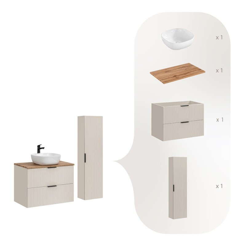 Set de mobilier de baie Adel Cashmere, MDF, PAL melaminat, blat stejar wotan, lavoar Smile 40, dulap înalt H.140 cm, SET-ADC B WOTAN 80CM SMILE 40 HIGH CABINET