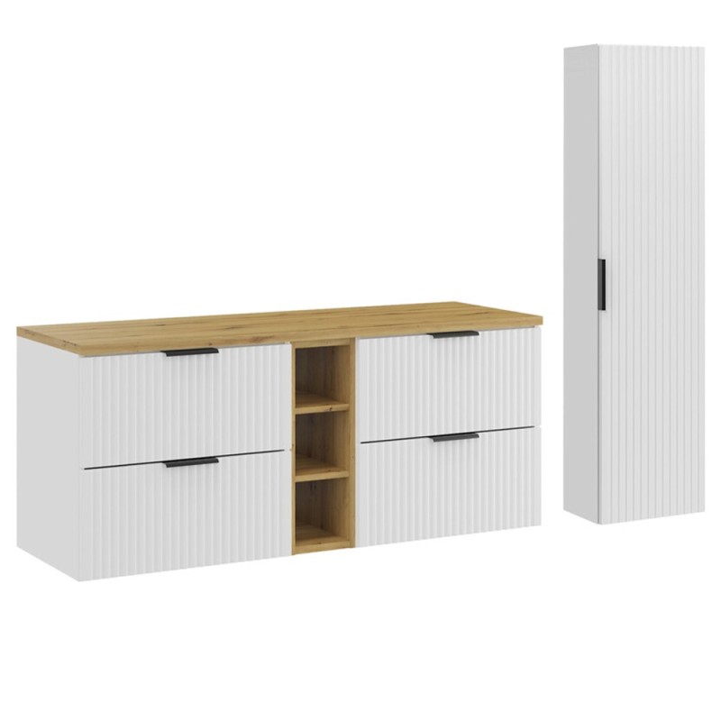 Set mobilier baie Adel White, MDF, PAL melaminat, blat stejar artizanal, L.140 cm, dulap inalt H.140 cm, SET-ADW B ARTISAN 140CM HC