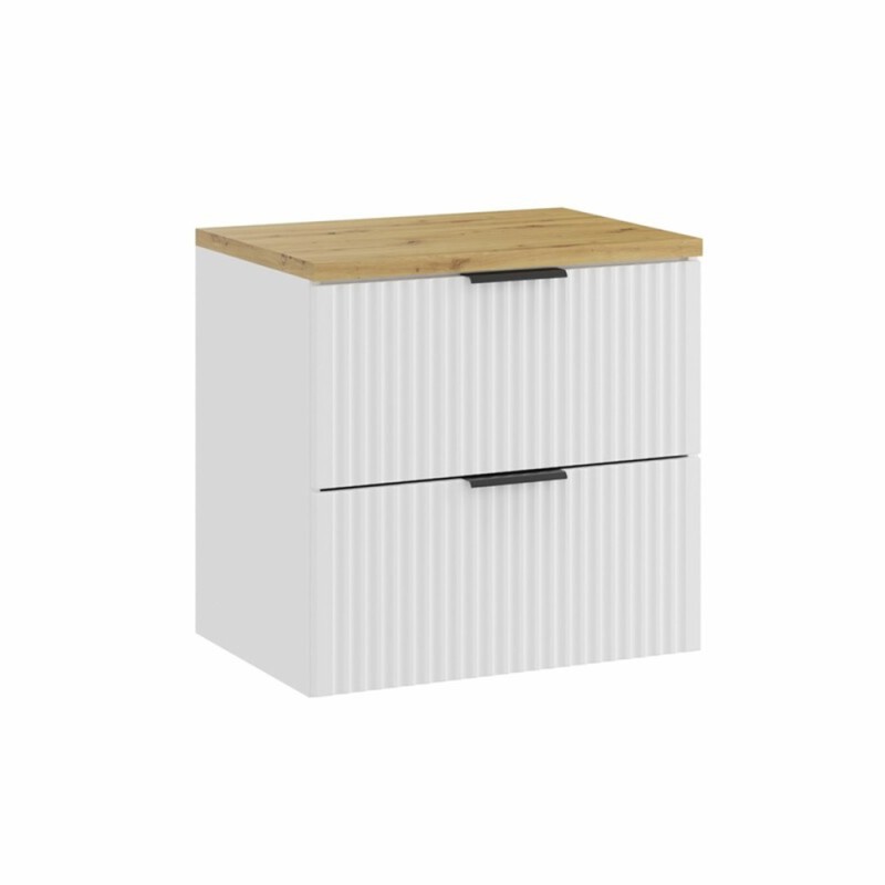 Set mobilier baie Adel White, MDF, PAL melaminat, alb mat, blat stejar artizanal, L.60 cm, SET-ADW B ARTISAN 60CM