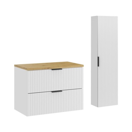 Set de mobilier de baie Adel White, MDF, Pal melaminat, blat stejar artizanal, L.80 cm, dulap înalt H.140 cm, SET-ADW B ARTISAN 80CM HC