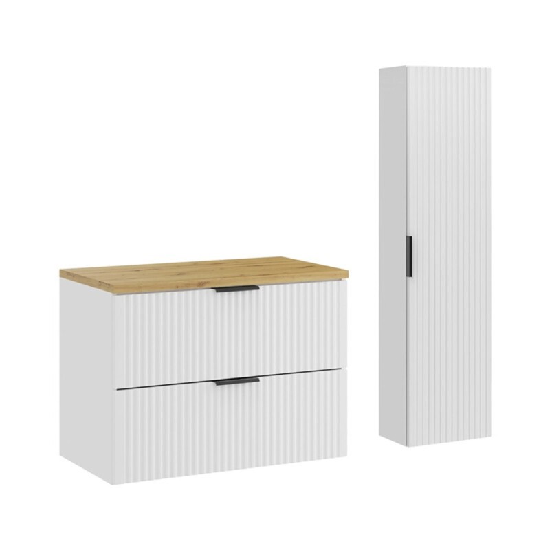 Set de mobilier de baie Adel White, MDF, Pal melaminat, blat stejar artizanal, L.80 cm, dulap înalt H.140 cm, SET-ADW B ARTISAN 80CM HC