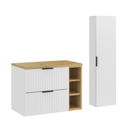 Set de mobilier de baie Adel White, MDF, Pal melaminat, blat stejar artizanal, L.80 cm, dulap înalt H.140 cm, SET-ADW B ARTISAN 80CM LR HC