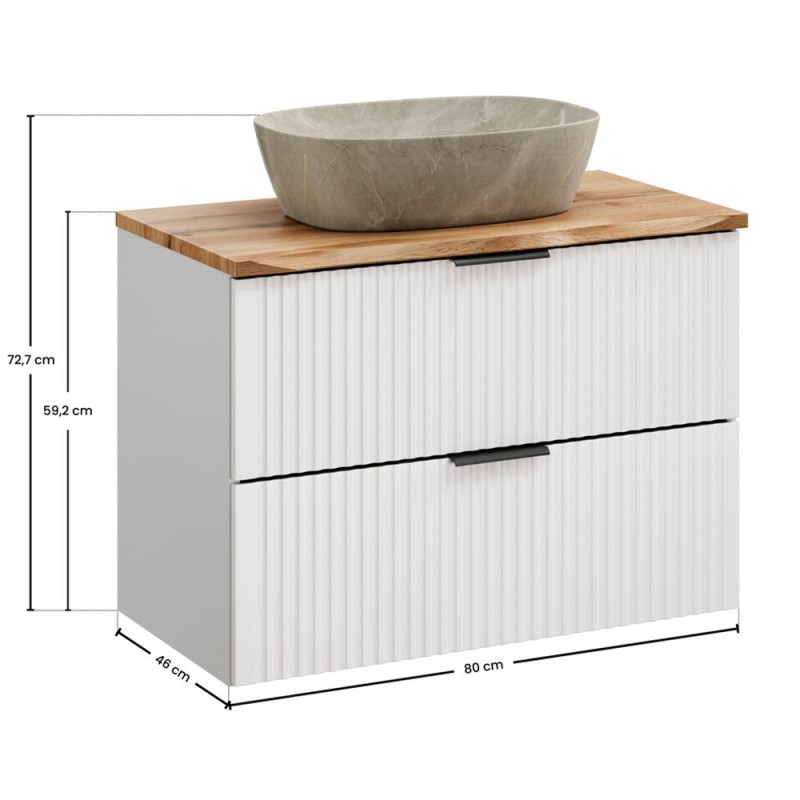 Set mobilier baie Adel White, MDF, PAL melaminat, alb mat, blat natural wotan, L.80 cm, lavoar Anna ceramica, SET-ADW B NAT WOTAN 80CM UN ANNA