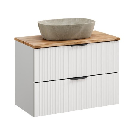 Set mobilier baie Adel White, MDF, PAL melaminat, alb mat, blat natural wotan, L.80 cm, lavoar Anna ceramica, SET-ADW B NAT WOTAN 80CM UN ANNA