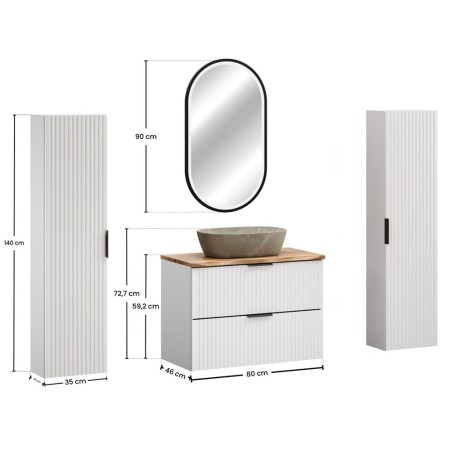 Set mobilier baie Adel White, MDF, PAL melaminat, blat natural wotan, lavoar Anna gri, L.80 cm, dulapuri inalte H.140 cm si oglinda LED, SET-ADW B NAT WOTAN 80CM UN ANNA HC
