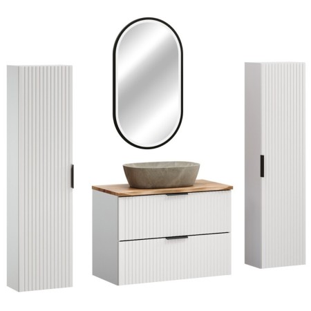 Set mobilier baie Adel White, MDF, PAL melaminat, blat natural wotan, lavoar Anna gri, L.80 cm, dulapuri inalte H.140 cm si oglinda LED, SET-ADW B NAT WOTAN 80CM UN ANNA HC