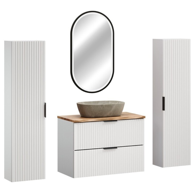 Set mobilier baie Adel White, MDF, PAL melaminat, blat natural wotan, lavoar Anna gri, L.80 cm, dulapuri inalte H.140 cm si oglinda LED, SET-ADW B NAT WOTAN 80CM UN ANNA HC