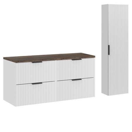 Set de mobilier de baie Adel White, MDF, Pal melaminat, alb mat, blat stejar vintage, L.120 cm, dulap înalt H.140 cm, SET-ADW B VINTAGE 120CM HC