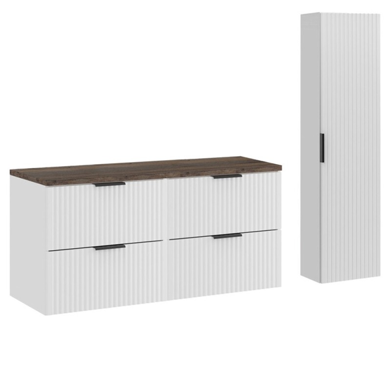 Set de mobilier de baie Adel White, MDF, Pal melaminat, alb mat, blat stejar vintage, L.120 cm, dulap înalt H.140 cm, SET-ADW B VINTAGE 120CM HC