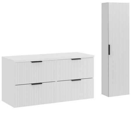 Set de mobilier de baie Adel White, MDF, Pal melaminat, blat alb mat, L.120 cm, dulap înalt H.140 cm, SET-ADW B WHITE 120CM HC