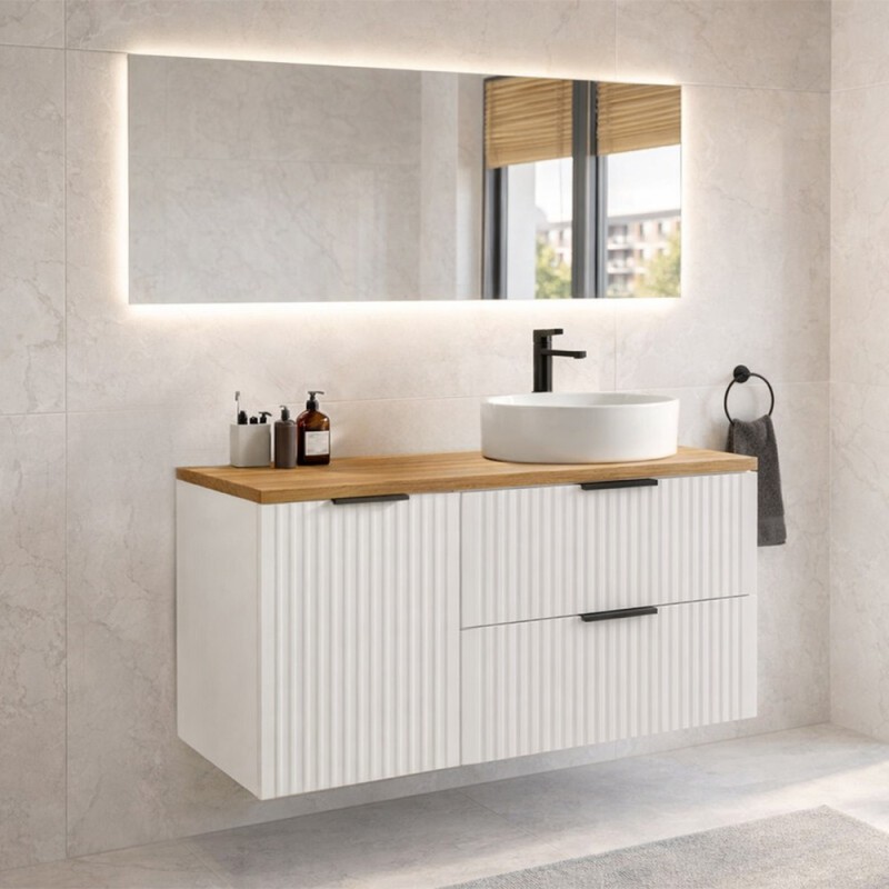 Set mobilier baie Adel White, MDF, PAL melaminat, alb mat, blat stejar wotan, L.100 cm, SET-ADW B WOTAN 100CM LB