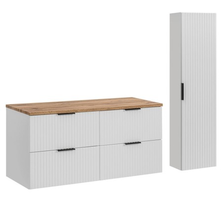 Set de mobilier de baie Adel White, MDF, Pal melaminat, alb mat, blat stejar wotan, L.120 cm, dulap înalt H.140 cm, SET-ADW B WOTAN 120CM HC