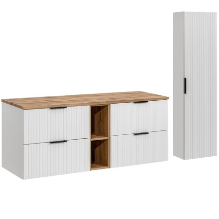 Set mobilier baie Adel White, MDF, PAL melaminat, blat stejar wotan, L.140 cm, dulap inalt H.140 cm, SET-ADW B WOTAN 140CM HC