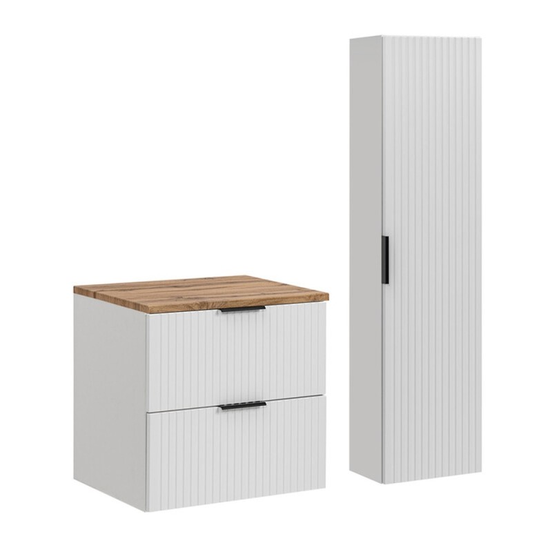 Set de mobilier de baie Adel White, MDF, Pal melaminat, blat stejar wotan, L.60 cm, dulap înalt H.140 cm, SET-ADW B WOTAN 60CM HC
