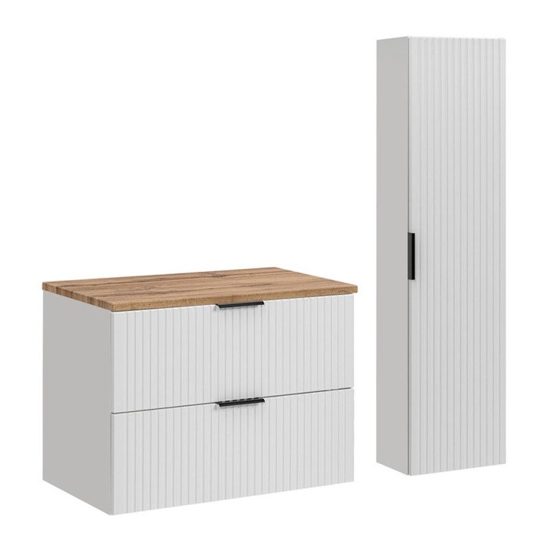 Set de mobilier de baie Adel White, MDF, Pal melaminat, blat stejar wotan, L.80 cm, dulap înalt H.140 cm, SET-ADW B WOTAN 80CM HC