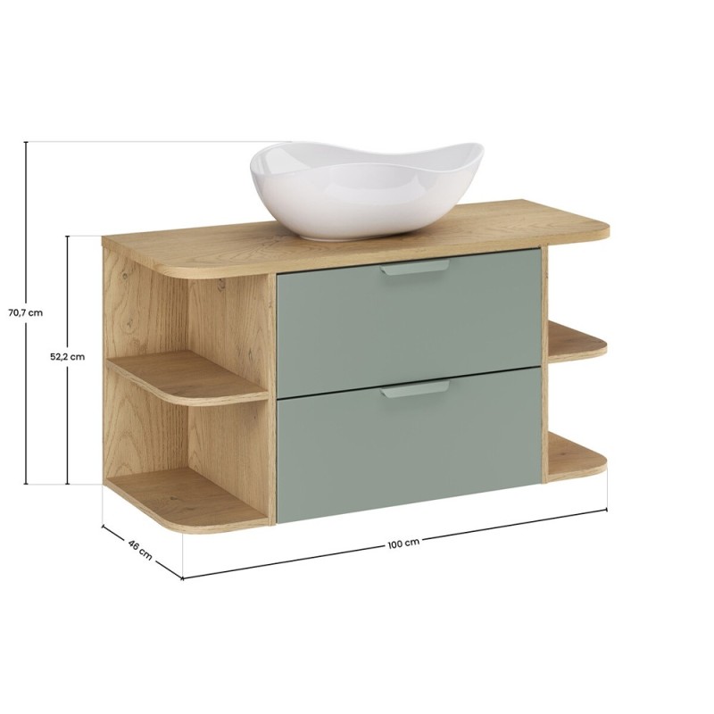 Set mobilier baie Aster Green, MDF, PAL melaminat, verde mat, blat stejar cremona, lavoar Cloud, L.100 cm, SET-ASG B CREMONA 100CM LRSM UN CLOUD