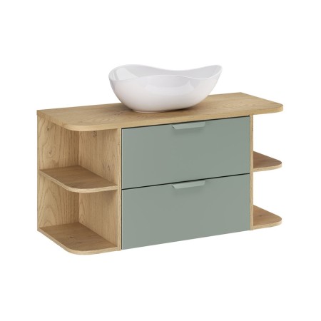 Set mobilier baie Aster Green, MDF, PAL melaminat, verde mat, blat stejar cremona, lavoar Cloud, L.100 cm, SET-ASG B CREMONA 100CM LRSM UN CLOUD