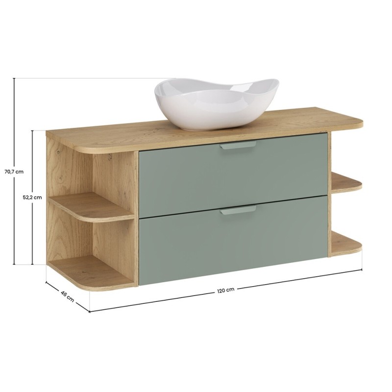 Set mobilier baie Aster Green, MDF, PAL melaminat, verde mat, blat stejar cremona, lavoar Cloud, L.120 cm, SET-ASG B CREMONA 120CM LRSM UN CLOUD